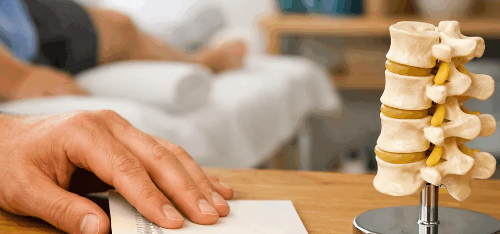 Manos de fisioterapeuta deslizando un folleto sobre un mostrador, con un modelo de columna y un ambiente clínico cálido. Que centros en Barcelona ofrecen rehabilitacion con fisioterapia manual.