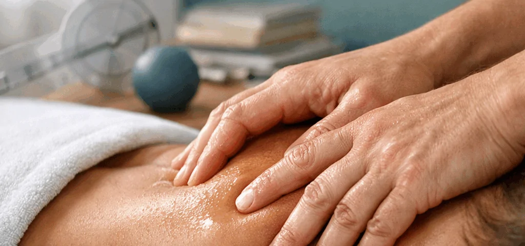Manos expertas aplicando terapia manual en un centro de fisioterapia en Sant Just Desvern, con luz natural y ambiente profesional.