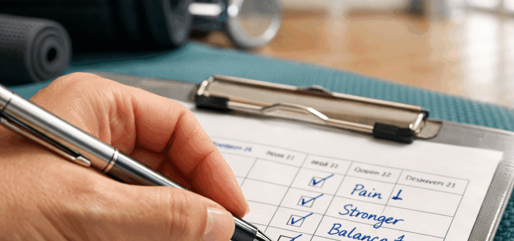 Hoja de evaluación funcional en un tapete teal, con un bolígrafo listo para marcar en "Cual es el mejor lugar para obtener ejercicio terapeutico funcional en Sant Just Desvern".