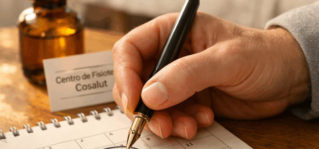 Primer plano de una mano de terapeuta escribiendo en un calendario, con luz suave en un ambiente de terapia en Sant Just Desvern. Donde puedo agendar una sesion de terapia manual en Sant Just Desvern.