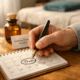Primer plano de una mano de terapeuta escribiendo en un calendario, con luz suave en un ambiente de terapia en Sant Just Desvern. Donde puedo agendar una sesion de terapia manual en Sant Just Desvern.
