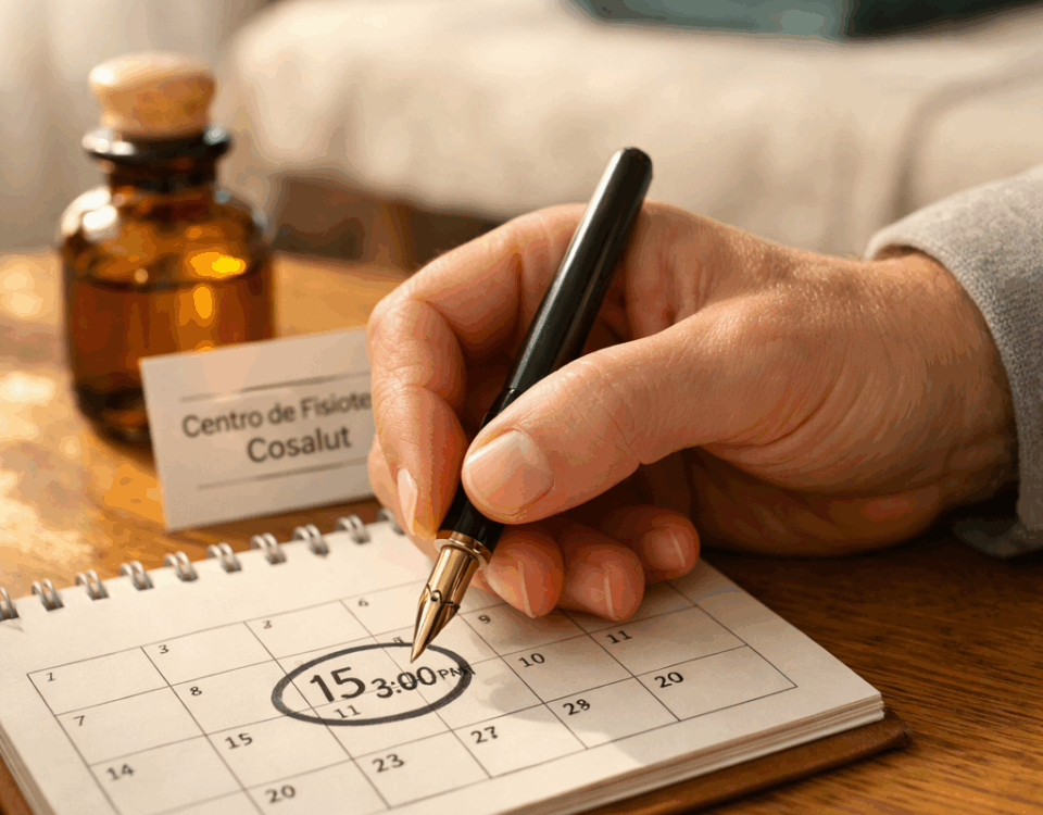 Primer plano de una mano de terapeuta escribiendo en un calendario, con luz suave en un ambiente de terapia en Sant Just Desvern. Donde puedo agendar una sesion de terapia manual en Sant Just Desvern.