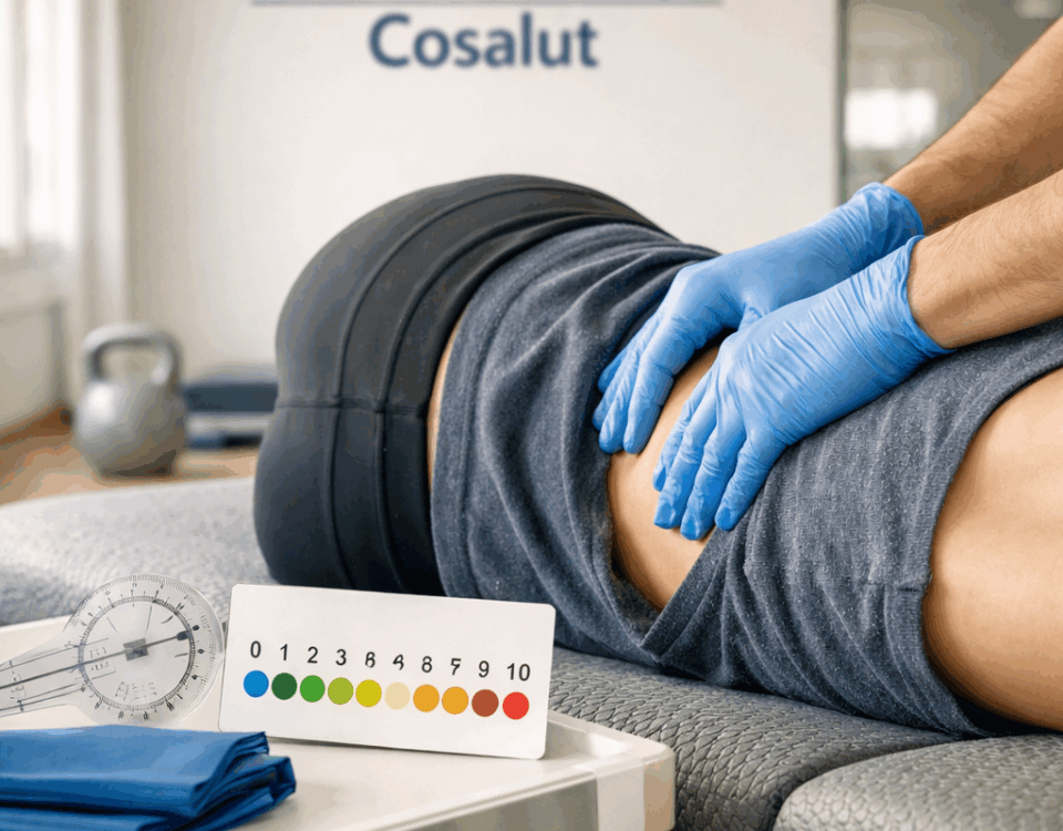 Cuales son las tecnicas de fisioterapia mas efectivas para la rehabilitacion en Sant Just Desvern: fisioterapeuta hace terapia manual lumbar en paciente reclinado.