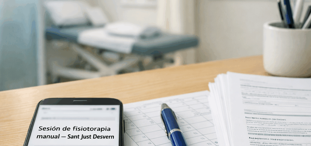 Smartphone confirma sesión de fisioterapia manual en Sant Just Desvern, junto a agenda y formularios clínicos en recepción.
