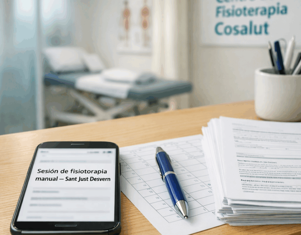 Smartphone confirma sesión de fisioterapia manual en Sant Just Desvern, junto a agenda y formularios clínicos en recepción.