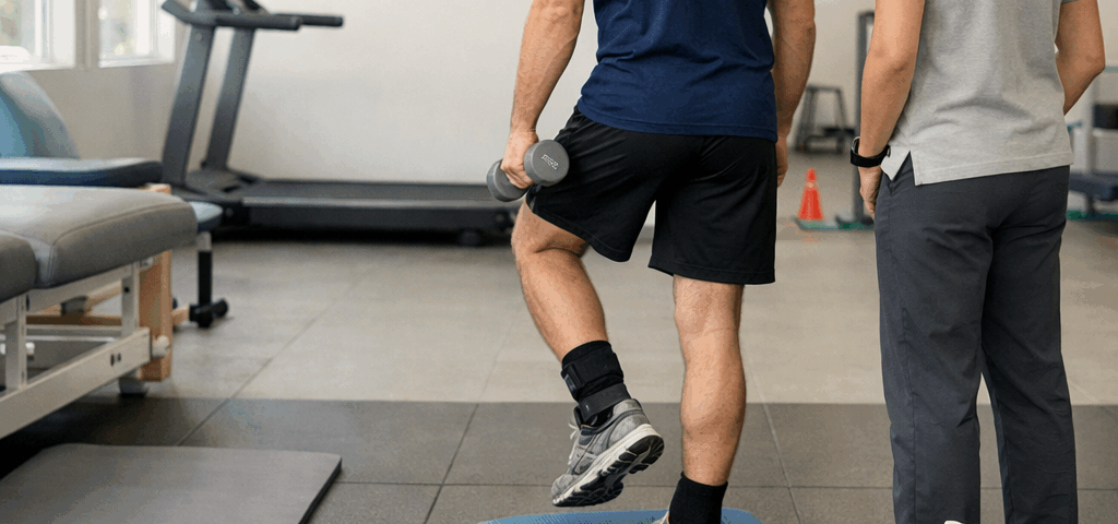 Atleta practica equilibrio con fisioterapeuta en clínica; Que tecnicas de fisioterapia son mas efectivas para recuperar lesiones deportivas