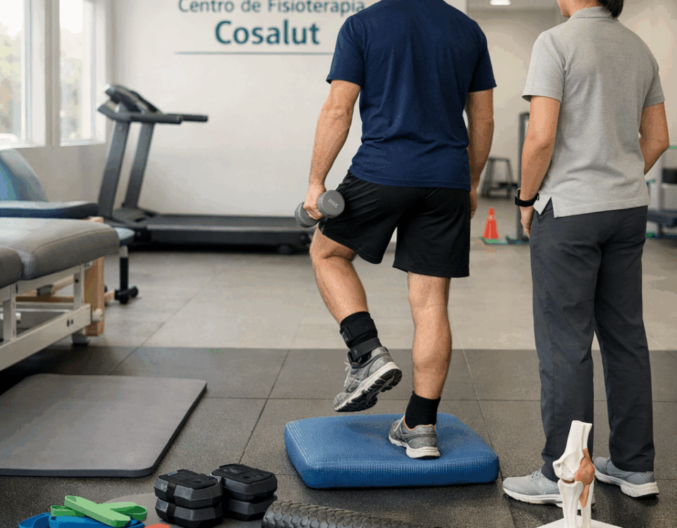 Atleta practica equilibrio con fisioterapeuta en clínica; Que tecnicas de fisioterapia son mas efectivas para recuperar lesiones deportivas