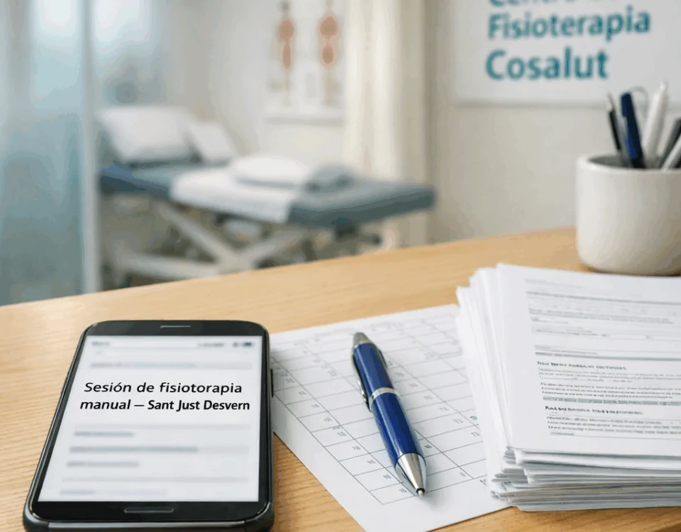 Smartphone confirma sesión de fisioterapia manual en Sant Just Desvern, junto a agenda y formularios clínicos en recepción.